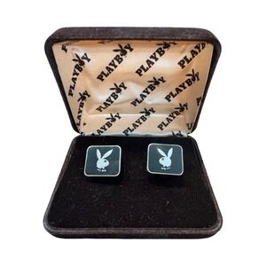Vintage 80s Playboy Bunny Cufflinks Black Enamel Silver Tone Square Original Box
